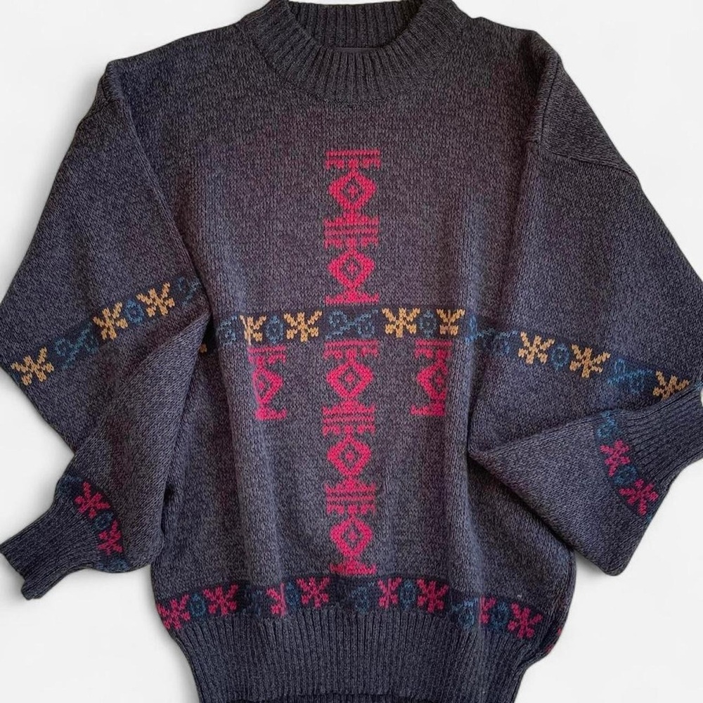 Vintage Michael Gerald Dark Gray Red Geometric Design Grandpa 90s Sweater